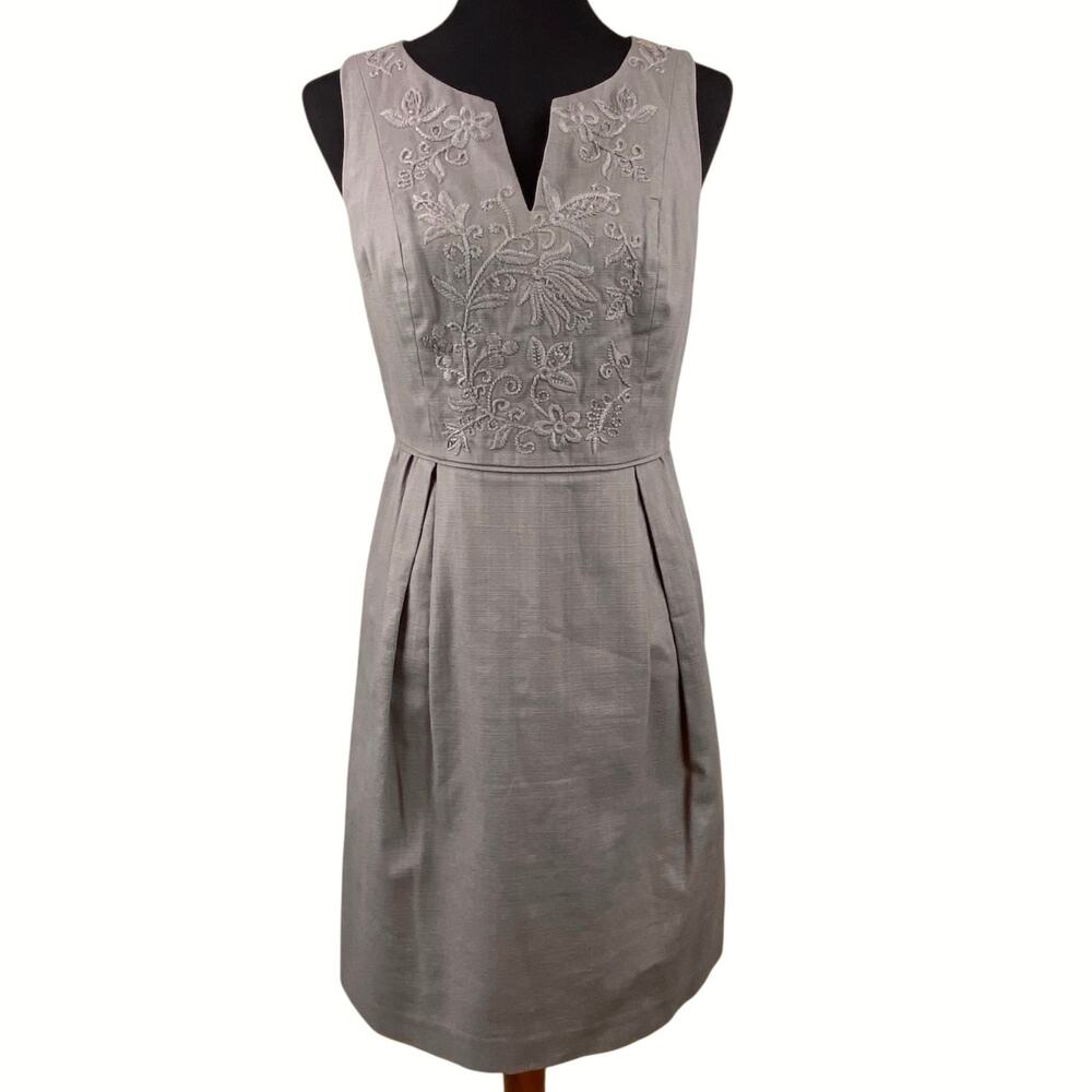 Boden Embroidered Floral Dress Size 6 Taupe Neutral
